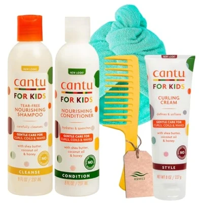 Image of Kids Curly Hair Products Bundle with Ferwizz Wide Tooth Comb and Microfibre Wrap Cantu Curling Cream 227g Care for Shampoo Conditioner 2 x 237ml