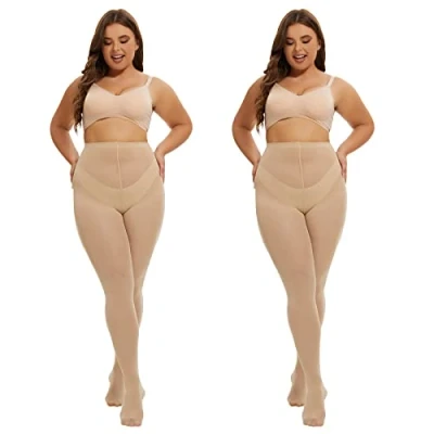 Image of MANZI 2 Pairs 70 Denier Women&#039;s Plus Size Tights Stretch Opaque Control Top Nude 4XL