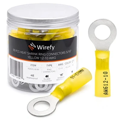 Image of Wirefy Heat Shrink Ring Terminals 5/16&quot; Marine Grade Terminal Connectors Waterproof Eyelet Wire Red 10 12 AWG 90 PCS