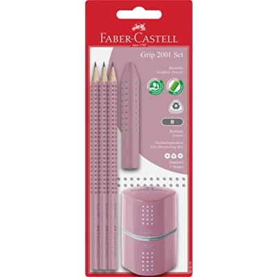 Image of Faber Castell Grip 2001 580073 Pencil Set Three Pencils Hardness B with Eraser and Sharpener Rose Shadows, pink