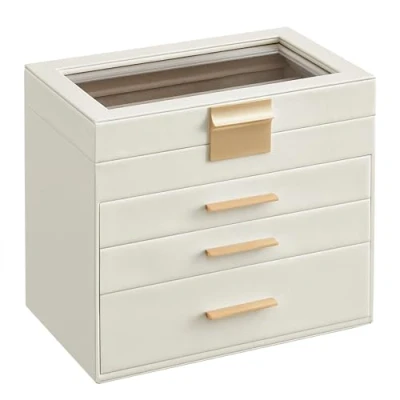 Image of SONGMICS Jewellery Box with Glass Lid, 4 Tier Organiser, 3 Drawers, for Sunglasses, Big Jewellery, Storage, Modern Style, Cloud White and Gold Colour JBC161W01
