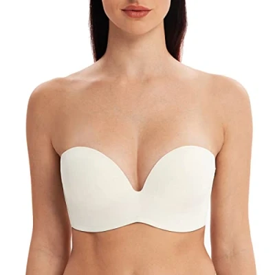 Image of MELENECA Women&#039;s Wireless Stay Put Seamless Lightly Padded Push Up Strapless Bra Off White 34DD