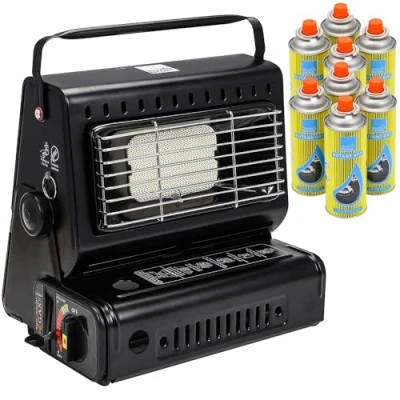 Image of Black Portable Gas Heater Outdoor Fishing Camping 1.3kW Butane Compact and Lightweight Ceramic Burner Auto Ignition Heat Control Safety Grill (Heater + 8 Canisters)