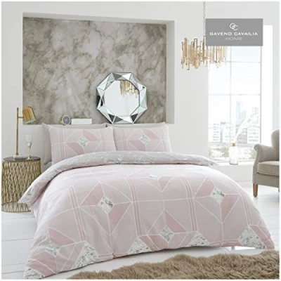 Image of GC GAVENO CAVAILIA Reversible Bedding Sets King Size, Super Soft Geometrical Duvet Cover, Polycotton Striped Comforter Quilt Covers, Blush Pink