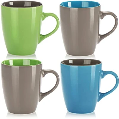 Image of COM FOUR® 4X Ceramic Coffee Cups Pot for Cold and hot Drinks in a Modern Design Colored Handle Cup Drinking 300 ml (04 Pieces Blue/Green/Gray)
