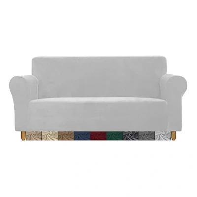 Image of CMAKER Velvet Sofa Covers Couch Cover 2 Seater Stretch with Non Slip Elastic Bottom Furniture Protector Slipcovers for Pets(2 Seater,Light Gray)