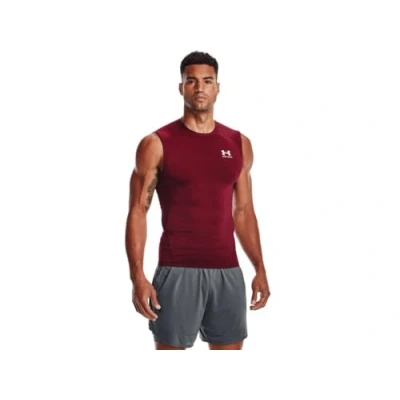 Image of Under Armour HeatGear Men&#039;s Sleeveless Compression T Shirt, Cardinal/White, XS