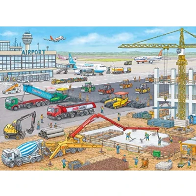 Image of Ravensburger 10624 Elephant, tiger Puzzle Construction Site at The Airport for Children from 6 Years, XXL Format, 100 Pieces, White
