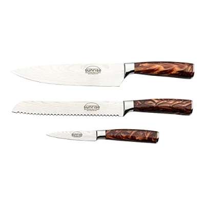 Image of Rockingham Forge Sunrise Collection 3 Piece Kitchen Knife Set, Premium Stainless Steel with Resin Handles Chef’s Knife, Paring &amp; Bread