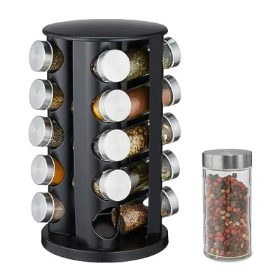 Image of Relaxdays Spice Carousel, 20 Jars, 80ml Each, 360 Rotating, Stainless Steel, Glass, HxØ: 34.5x22cm, Counter Rack, Black, 34.5 x 22 cm