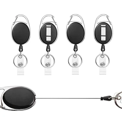 Image of Retractable Badge Holder,Badge Reel 4 Pcs for Id Card Holders, Keyring,Keychain,with Clip,Retractable Lanyards (Black Pcs)