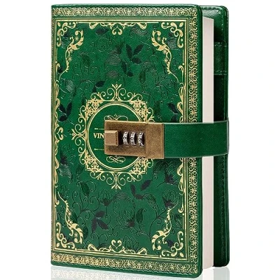 Image of Vintage Leather Journal Notebook with Combination Lock, B6 Embossed Flower Secret Diary Ruled Lined Paper for Writing, Gift Women Girls Children (Green)