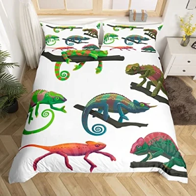 Image of Homewish Lizard Duvet Cover Creature Reptile Bedding Set For Child Boys Girls Cute Chameleon Comforter Cartoon Lovely Pet Single Bed Wild Animal Safari Theme Kawaii Room Decor