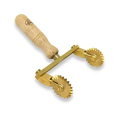 Image of La Gondola Homemade Pasta Cutter Adjustable Wheel (2x Festooned) Making Tool for Home &amp; Business Brass Natural Wood Safe Easy to Use Cutting Ravioli Made in Italy