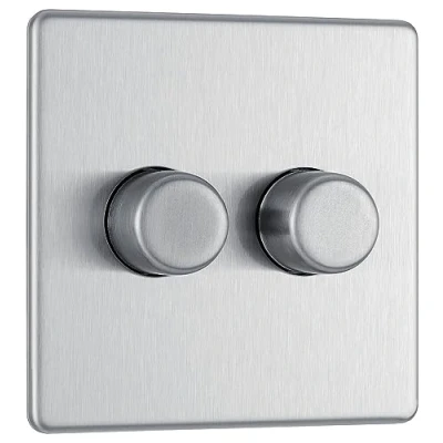 Image of BG Electrical Intelligent Double Wall Dimmer Switch, 2 Way, Screwless Front Plate, Premium Flatplate, Brushed Steel, 200W, FBS82