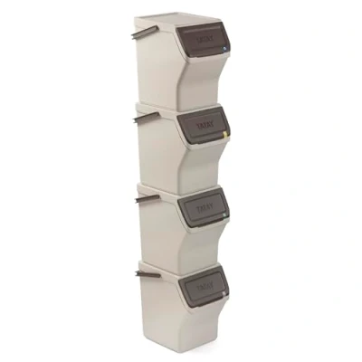 Image of TATAY Set of 4 modular and stackable garbage cans. 20L capacity each. Polypropylene. Colored lids with hinged opening. Wide front Carrying handle. Beige. 36 x 35 27 cm.