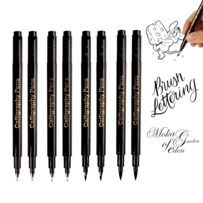 Image of 8PCS Calligraphy Set for Beginners,Black Fineliner Pens,Fine Felt Tip Writing Pen Japanese Chinese Shodo Brush Ink Drawing Craft