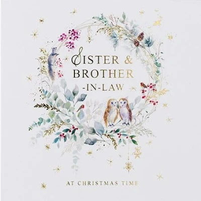Image of Paperlink Sister and Brother in Law Christmas Card Watercolour Wreath Barn Owls with Foil Details Eco Friendly Recyclable