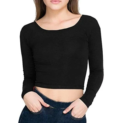 Image of Candid Styles Womens Crop Long Sleeve T Shirt Ladies Short Plain Round Neck Top 8 14, (8 10, Black)