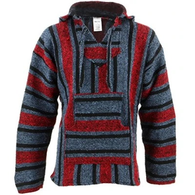 Image of Siesta Mexican Baja Jerga Blue and red Hooded Hippie top (XL)