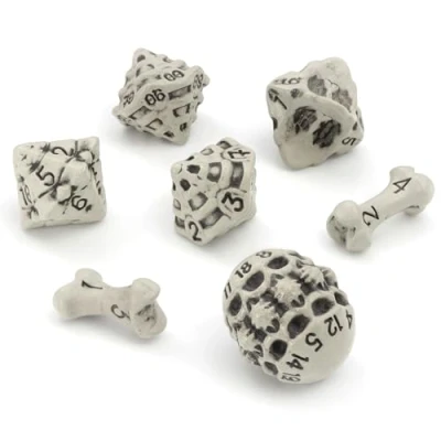 Image of DND Dice Set of 7 Polyhedral Skull &amp; Bone RPG D20, D12,%D10, D10, D8, D6 D4 Sided. Cool Unique Gift for Dungeons Dragons, Warhammer, D&amp;D, Pathfinder, D and D. (Cleaned White)