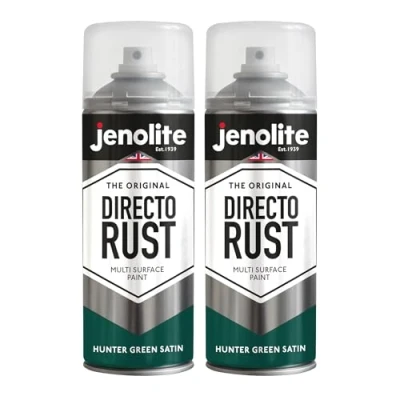 Image of JENOLITE Directorust Spray Paint Satin Finish HUNTER GREEN 2 x 400ml Direct To Rust for Metal All In One Multi Surface Metal, Wood, Plastic, Ceramic RAL 6028