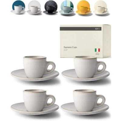 Image of KIVY Espresso Cups Set [4 x 75 ml] Handmade from Thick Walled Stoneware Cup with Saucer Italian Beige Grey Mocha