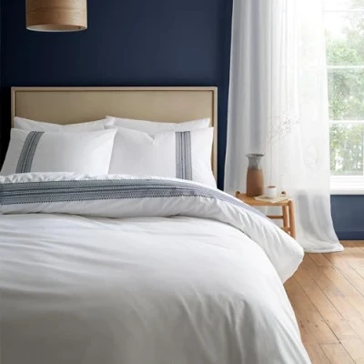Image of Bianca Remy Embroidery 200 Thread Count Cotton Super King Duvet Cover Set with Pillowcases White Blue
