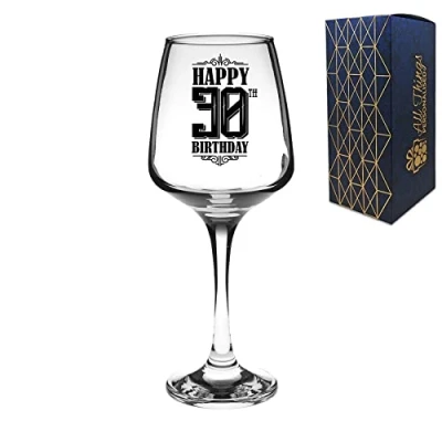 Image of Novelty Engraved/Printed Tallo Wine Glass Happy 30th Birthday Black