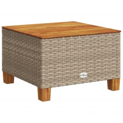Image of vidaXL Garden Table Outdoor Dining Beige Poly Rattan &amp; Acacia Wood, Square Shape, Weather Resistant, Ideal for Patio, Deck, Backyard, or Garden, 55 x 36 cm
