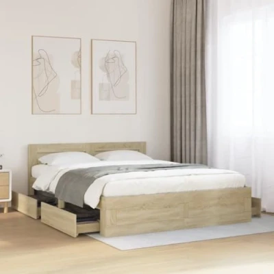 Image of vidaXL Engineered Wood Double Bed Frame 160x200 cm Sonoma Oak Finish with Light Grey Headboard Cushion