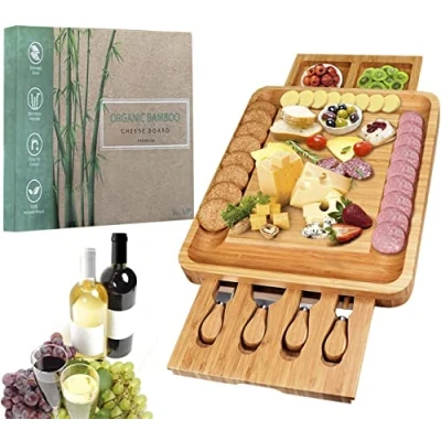 Image of Premium Bamboo Cheese Board Set with Stainless Steel Utensils Charcuterie Platter Slide Out Drawer and Cutlery Serving Meat Tray Knife for Housewarming, Wedding &amp; Birthday Gift