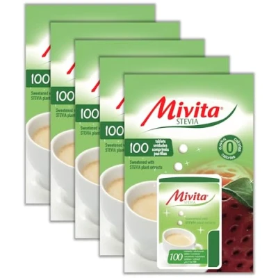 Image of Mivita Stevia Sweetener, zero calories (sugar free), pocket size dispenser, Pack of 5 total 500 tablets (100 each)