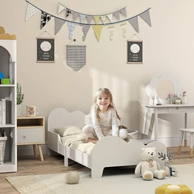 Image of AIYAPLAY Toddler Bed, Cloud Themed Kids Bed Frame with Safety Rails, Bedroom Furniture for 3 8 Years, 143.5 x 74.5 56cm, White