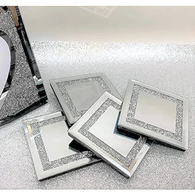 Image of 10x10cm Square Shape Sparkle Diamante Crushed Jewel Glass Glitter Coasters Set of 4 (Crushed Border)