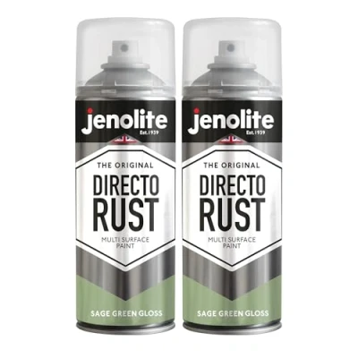 Image of JENOLITE Directorust Gloss Spray Paint SAGE GREEN 2 x 400ml Direct To Rust For Metal Multi Surface Wood, Metal, Plastic, Ceramic RAL 7494C