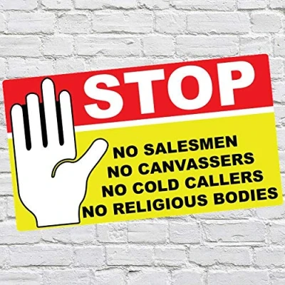 Image of Red Yellow Stop Cold Calling Door Sticker No Callers Religious Groups Salesmen Fully Weatherproof Sign