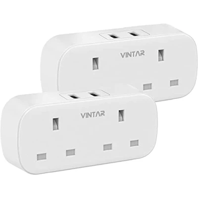 Image of VINTAR Double Plug Adaptor with 2 USB, Way Plugs Extension Multi Sockets Wall Charger Adapter, 13A UK 3 Pin Power Socket for Bedroom, Office, Kitchen, White,2 pack