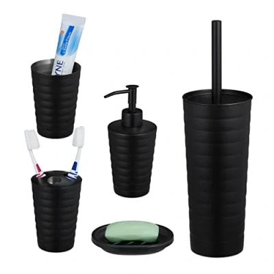 Image of Relaxdays 5 Piece Bathroom Accessory, Brushed Stainless Steel, Complete Toilet Set, soap Dish, Modern Design, Black, 37 x 11 cm