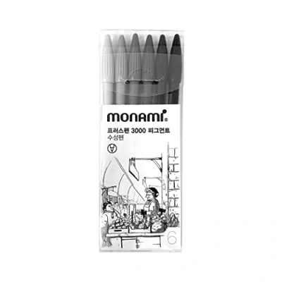 Image of MONAMI Plus Pen 3000 Pigment 6 Set Felt Tip Pens, Fine Point (0.4mm), Coloring/Drawing/Journaling, Assorted Colors