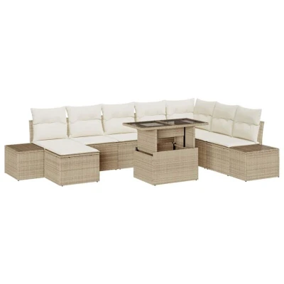 Image of vidaXL 9 Piece Garden Sofa Set with Cushions Beige Poly Rattan