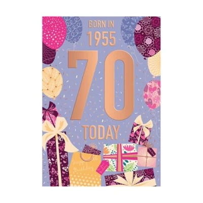 Image of Words &#039;n&#039; Wishes Female 70th Birthday Card Happy Age 70 with Born in 1955 Balloons Design and Embossed Foil Details for Women