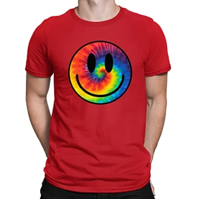 Image of Mens Tie Dye Happy Smile Face Acid Rave T Shirt Red (L)