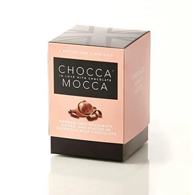 Image of Chocca Mocca Caremelised Hazelnuts Dipped and Dusted in Milk Chocolate Presentation Box Cube 100g, Deliciously indulgent Treat, Great Gift, Luxurious Quality Made Britain