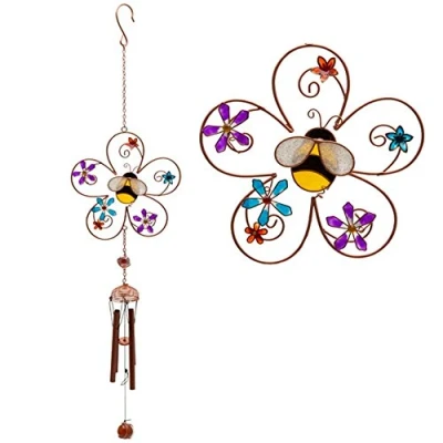 Image of Bee and Flower Colourful Design Wind Chime Glass, Metal, Resin Home Garden Ornament (Design B)