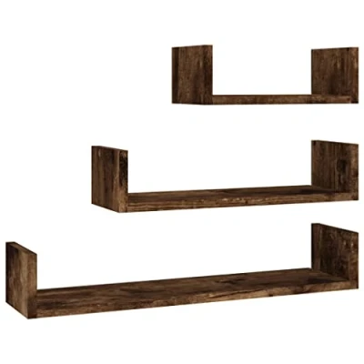 Image of vidaXL Smoked Oak Engineered Wood Wall Display Shelves Set U shaped Floating Shelving Units for Home Decor Easy to Maintain
