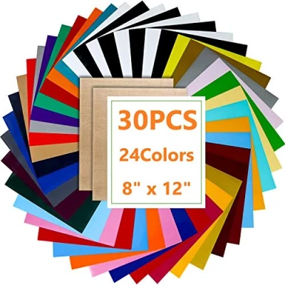 Image of KAHEIGN 30Pcs Heat Transfer Vinyl Sheets, 24 Colors HTV Bundle Permanent Adhesive Paper Backed Sheets for DIY T Shirts Hat Clothing Birthdays Special Day (20 x 30cm)