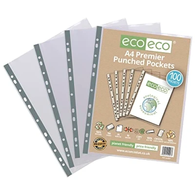 Image of eco A4 100% Recycled Premier Multi Punched Pockets Glass Clear, Transparent Poly Wallet Sheet Protector, 90 Microns (Pack of 100)