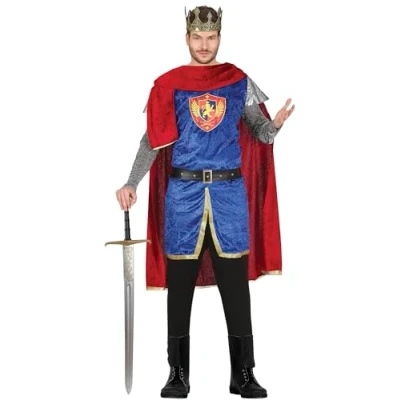 Image of FIESTAS GUIRCA Medieval King Fancy Dress Costume Red and Blue Knight Outfit with Warrior Cape Historical for Men Size M