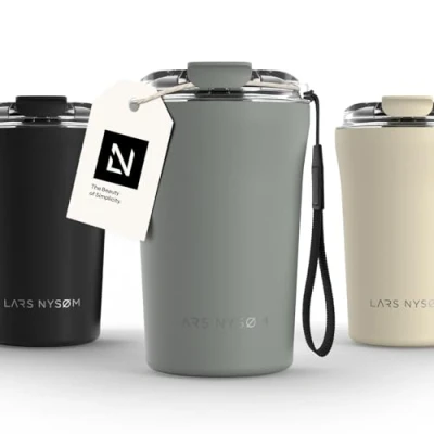 Image of LARS NYSØM Thermo Coffee Mug to Go with Strap 13oz Travel 0.38 Liter Insulation Leak Proof Stainless Steel Thermal for and Tea (Ash Gray, 380ml)